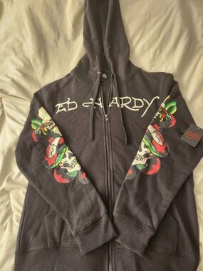 NWT Ed Hardy Black Full-Zip Hoodie with Colorful Sleeve Skulls